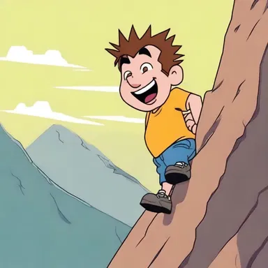 The animated character used all his strength to struggle up the steep cliff, his comical expressions adding to the scene.