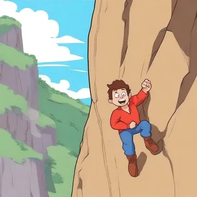 The animated character used all his strength to struggle up the steep cliff, his comical expressions adding to the scene.