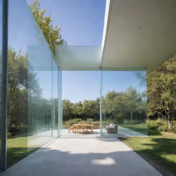 A translucent house entirely made of glass, gleaming under the sunlight. Each segment of the house reveals different rooms visible through the clear walls.