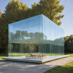 A translucent house entirely made of glass, gleaming under the sunlight. Each segment of the house reveals different rooms visible through the clear walls.