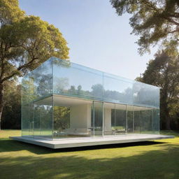 A translucent house entirely made of glass, gleaming under the sunlight. Each segment of the house reveals different rooms visible through the clear walls.