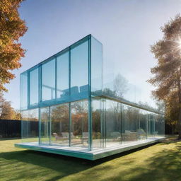 A translucent house entirely made of glass, gleaming under the sunlight. Each segment of the house reveals different rooms visible through the clear walls.