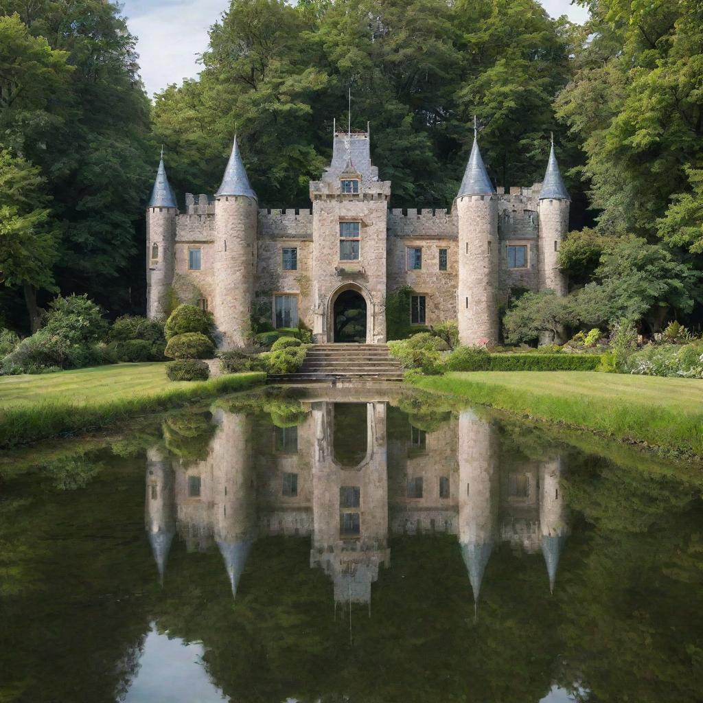 A stunning castle made entirely of reflective glass, surrounded by a lush green garden with tranquil water features.