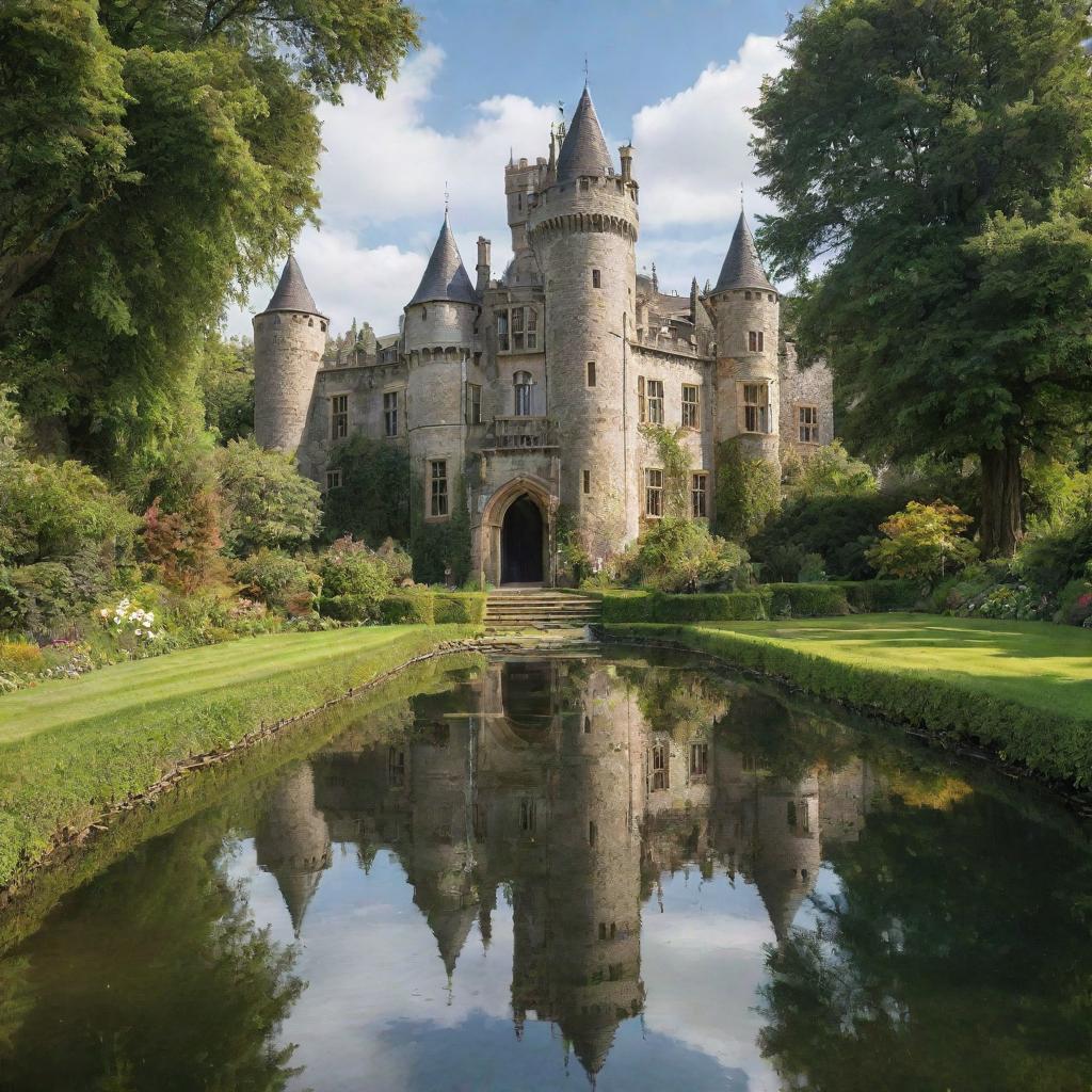 A stunning castle made entirely of reflective glass, surrounded by a lush green garden with tranquil water features.