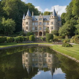 A stunning castle made entirely of reflective glass, surrounded by a lush green garden with tranquil water features.