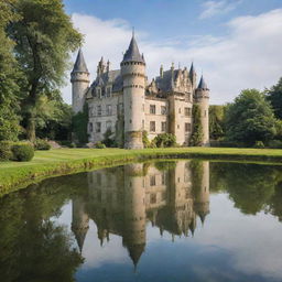 A stunning castle made entirely of reflective glass, surrounded by a lush green garden with tranquil water features.