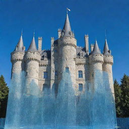 A majestic castle constructed entirely of shimmering, transparent glass under a clear blue sky.