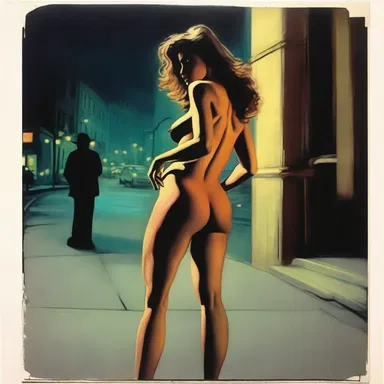 The artist painted a portrait of a prostitute turning tricks on a dimly lit street corner.