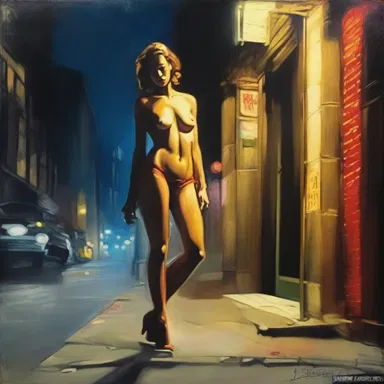 The artist painted a portrait of a prostitute turning tricks on a dimly lit street corner.