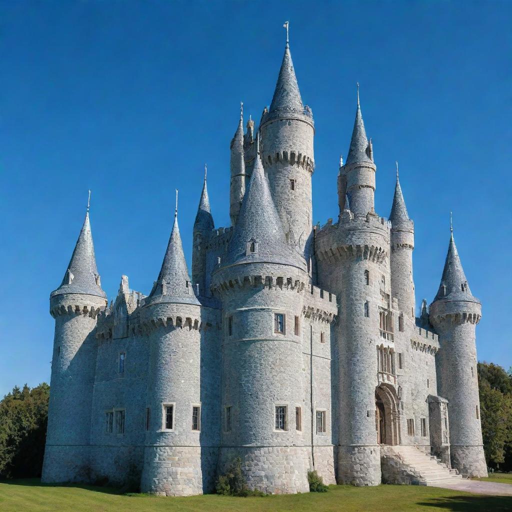 A majestic castle constructed entirely of shimmering, transparent glass under a clear blue sky.