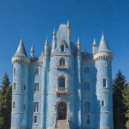 A majestic castle constructed entirely of shimmering, transparent glass under a clear blue sky.