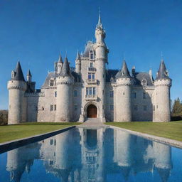 A majestic castle constructed entirely of shimmering, transparent glass under a clear blue sky.