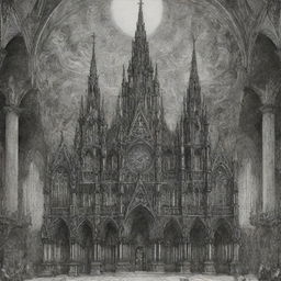 An intricate ink drawing of a Gothic cathedral embellished with space elements, situated against a lavish Baroque backdrop of singing angels.