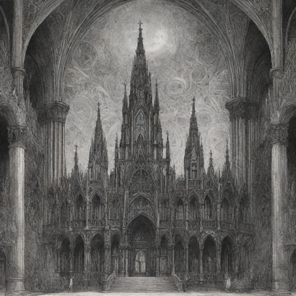 An intricate ink drawing of a Gothic cathedral embellished with space elements, situated against a lavish Baroque backdrop of singing angels.