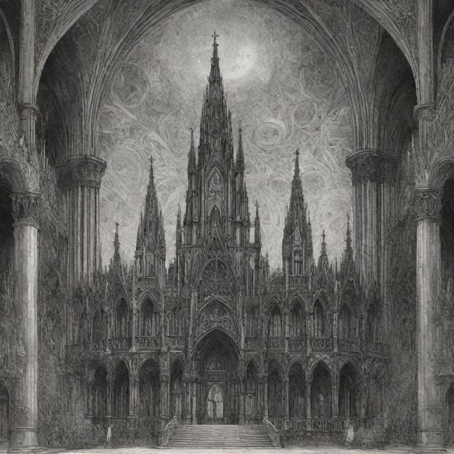 An intricate ink drawing of a Gothic cathedral embellished with space elements, situated against a lavish Baroque backdrop of singing angels.