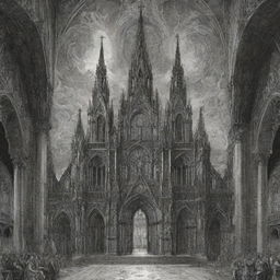 An intricate ink drawing of a Gothic cathedral embellished with space elements, situated against a lavish Baroque backdrop of singing angels.