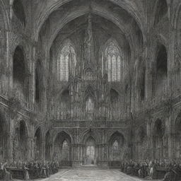 An intricate ink drawing of a Gothic cathedral embellished with space elements, situated against a lavish Baroque backdrop of singing angels.