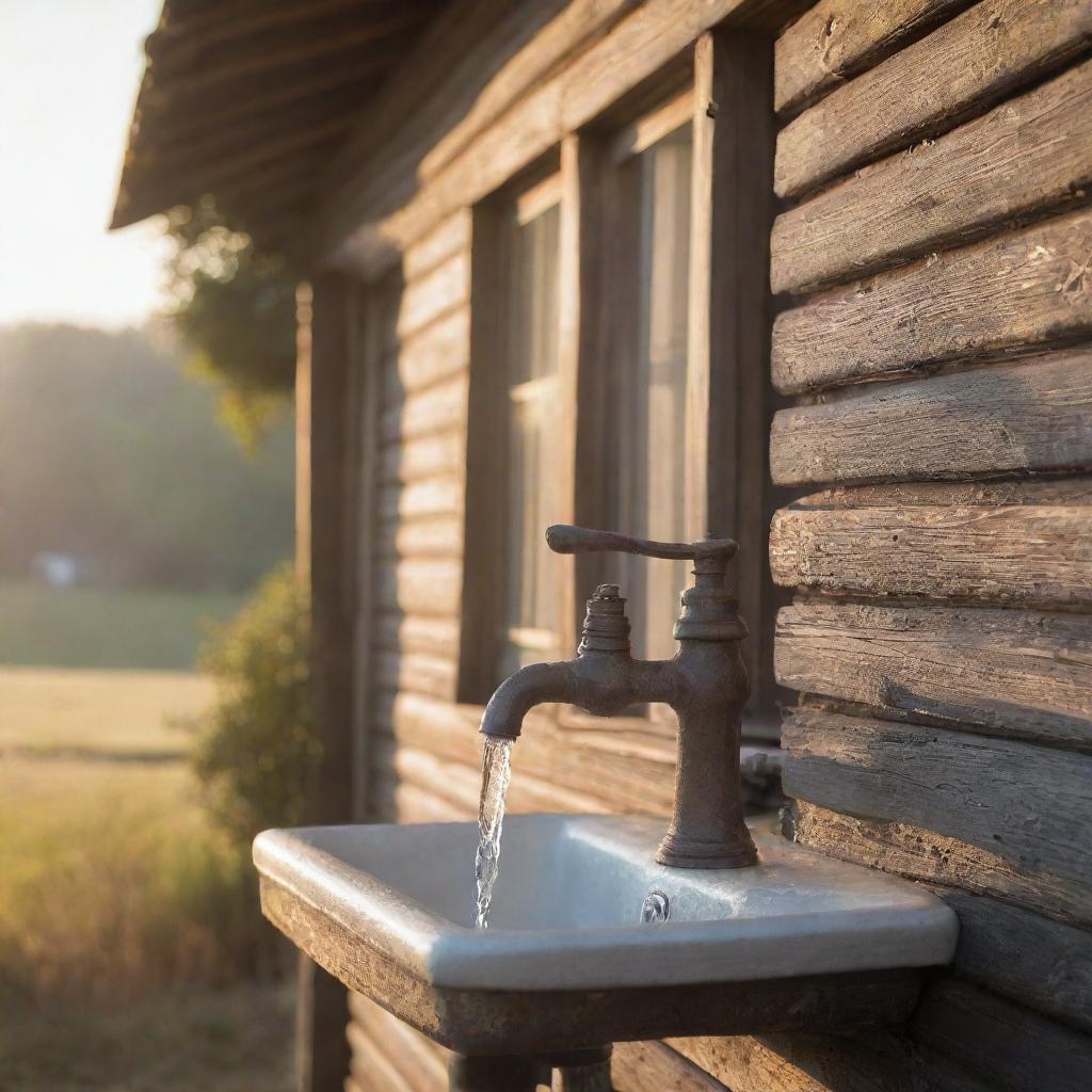 An old rustic house with tap water flowing crystal clear against the backdrop of a late afternoon sun.