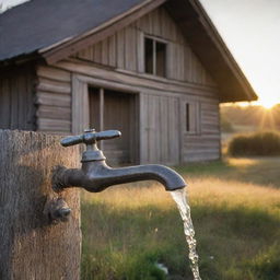 An old rustic house with tap water flowing crystal clear against the backdrop of a late afternoon sun.