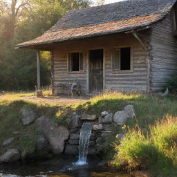 An old rustic house with tap water flowing crystal clear against the backdrop of a late afternoon sun.