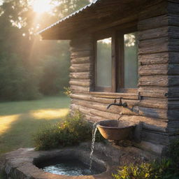 An old rustic house with tap water flowing crystal clear against the backdrop of a late afternoon sun.