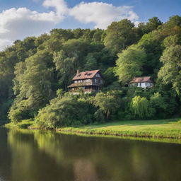 A picturesque house on the edge of a serene river, surrounded by lush greenery under a bright, cloudless sky