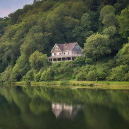 A picturesque house on the edge of a serene river, surrounded by lush greenery under a bright, cloudless sky