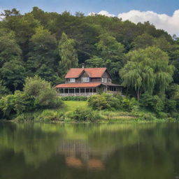 A picturesque house on the edge of a serene river, surrounded by lush greenery under a bright, cloudless sky