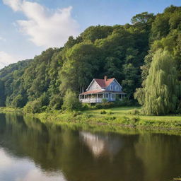 A picturesque house on the edge of a serene river, surrounded by lush greenery under a bright, cloudless sky