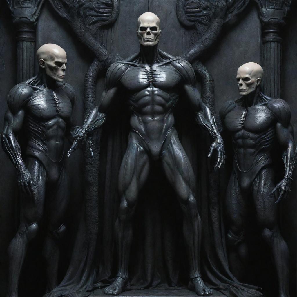 Create a detailed DC comic art piece: a Gothic Giger theme featuring a tall, mature, alien human soldier with a scar-laden body, pale skin, chiseled jaw, athletic physique, and armored pants. He's bald, hairless, and in a Pieta pose, receiving a healing touch on his head from a group of young nobles, all while laughing uncontrollably in joy.