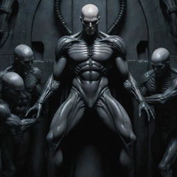 Create a detailed DC comic art piece: a Gothic Giger theme featuring a tall, mature, alien human soldier with a scar-laden body, pale skin, chiseled jaw, athletic physique, and armored pants. He's bald, hairless, and in a Pieta pose, receiving a healing touch on his head from a group of young nobles, all while laughing uncontrollably in joy.