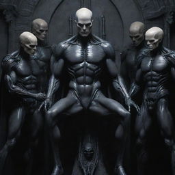 Create a detailed DC comic art piece: a Gothic Giger theme featuring a tall, mature, alien human soldier with a scar-laden body, pale skin, chiseled jaw, athletic physique, and armored pants. He's bald, hairless, and in a Pieta pose, receiving a healing touch on his head from a group of young nobles, all while laughing uncontrollably in joy.