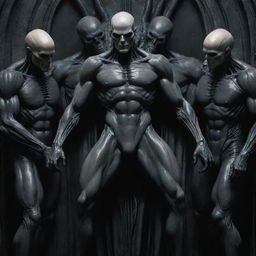 Create a detailed DC comic art piece: a Gothic Giger theme featuring a tall, mature, alien human soldier with a scar-laden body, pale skin, chiseled jaw, athletic physique, and armored pants. He's bald, hairless, and in a Pieta pose, receiving a healing touch on his head from a group of young nobles, all while laughing uncontrollably in joy.