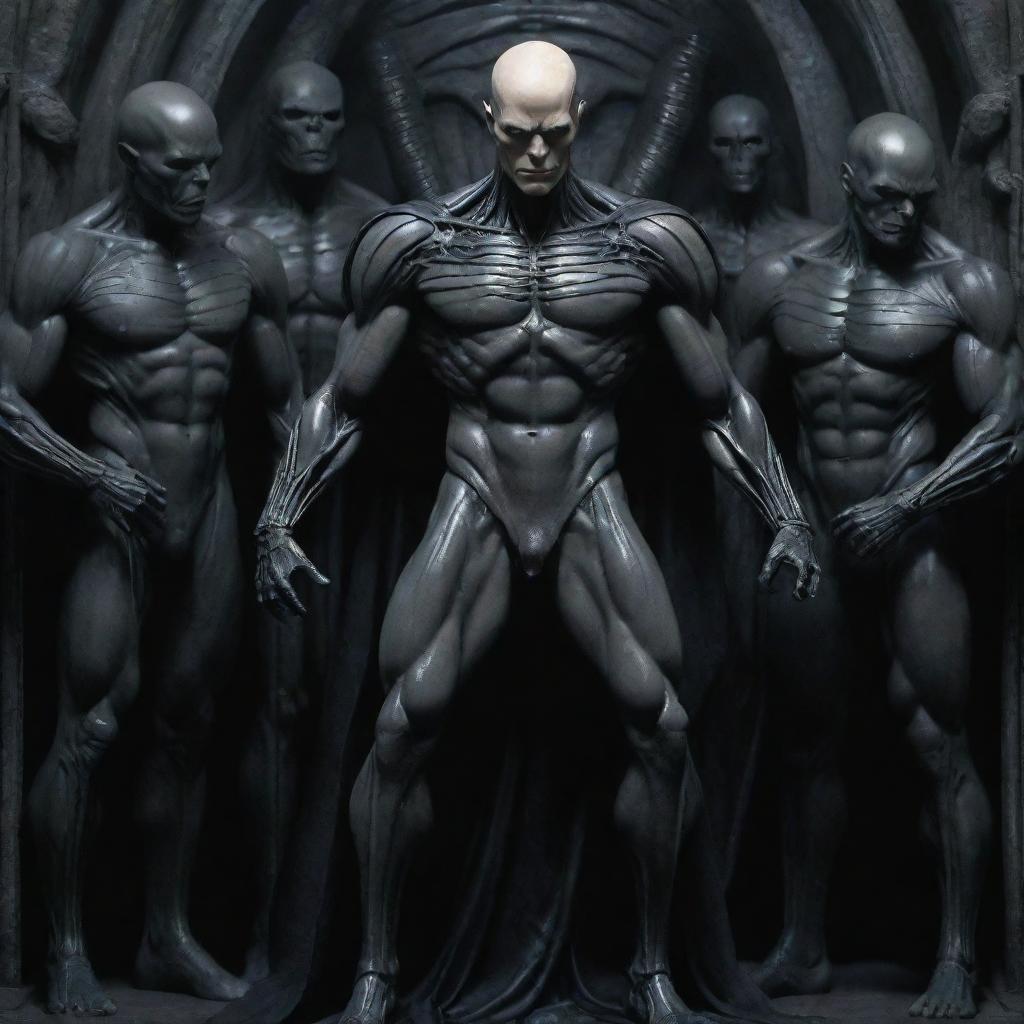 Create a detailed DC comic art piece: a Gothic Giger theme featuring a tall, mature, alien human soldier with a scar-laden body, pale skin, chiseled jaw, athletic physique, and armored pants. He's bald, hairless, and in a Pieta pose, receiving a healing touch on his head from a group of young nobles, all while laughing uncontrollably in joy.