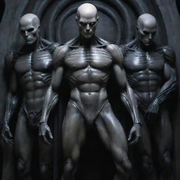 Create a detailed DC comic art piece: a Gothic Giger theme featuring a tall, mature, alien human soldier with a scar-laden body, pale skin, chiseled jaw, athletic physique, and armored pants. He's bald, hairless, and in a Pieta pose, receiving a healing touch on his head from a group of young nobles, all while laughing uncontrollably in joy.