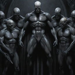 Create a detailed DC comic art piece: a Gothic Giger theme featuring a tall, mature, alien human soldier with a scar-laden body, pale skin, chiseled jaw, athletic physique, and armored pants. He's bald, hairless, and in a Pieta pose, receiving a healing touch on his head from a group of young nobles, all while laughing uncontrollably in joy.