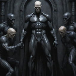 Create a detailed DC comic art piece: a Gothic Giger theme featuring a tall, mature, alien human soldier with a scar-laden body, pale skin, chiseled jaw, athletic physique, and armored pants. He's bald, hairless, and in a Pieta pose, receiving a healing touch on his head from a group of young nobles, all while laughing uncontrollably in joy.