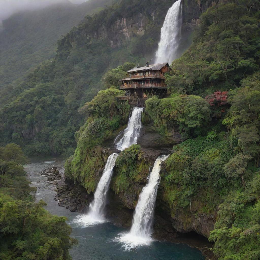 A picturesque house perched precariously on the edge of a thundering waterfall, surrounded by vibrant flora and fauna.