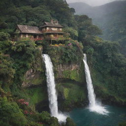 A picturesque house perched precariously on the edge of a thundering waterfall, surrounded by vibrant flora and fauna.