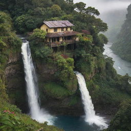 A picturesque house perched precariously on the edge of a thundering waterfall, surrounded by vibrant flora and fauna.