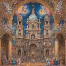 A vibrant crayon drawing depicting a Renaissance cathedral adorned with space-inspired elements, set against a richly detailed Baroque background of singing angels.