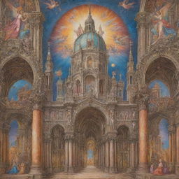 A vibrant crayon drawing depicting a Renaissance cathedral adorned with space-inspired elements, set against a richly detailed Baroque background of singing angels.