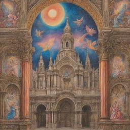 A vibrant crayon drawing depicting a Renaissance cathedral adorned with space-inspired elements, set against a richly detailed Baroque background of singing angels.