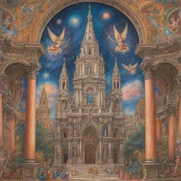 A vibrant crayon drawing depicting a Renaissance cathedral adorned with space-inspired elements, set against a richly detailed Baroque background of singing angels.