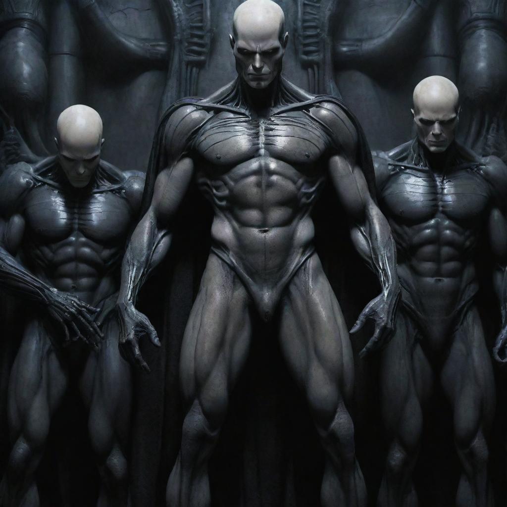 Create a detailed DC comic art piece: a Gothic Giger theme featuring a tall, mature, alien human soldier with a scar-laden body, pale skin, chiseled jaw, athletic physique, and armored pants. He's bald, hairless, and in a Pieta pose, receiving a healing touch on his head from a group of young nobles, all while laughing uncontrollably in joy.