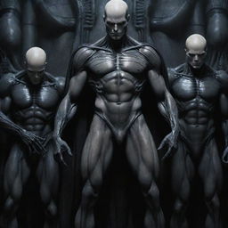 Create a detailed DC comic art piece: a Gothic Giger theme featuring a tall, mature, alien human soldier with a scar-laden body, pale skin, chiseled jaw, athletic physique, and armored pants. He's bald, hairless, and in a Pieta pose, receiving a healing touch on his head from a group of young nobles, all while laughing uncontrollably in joy.