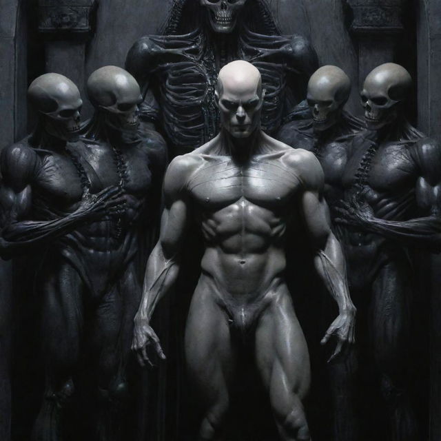 Create a detailed DC comic art piece: a Gothic Giger theme featuring a tall, mature, alien human soldier with a scar-laden body, pale skin, chiseled jaw, athletic physique, and armored pants. He's bald, hairless, and in a Pieta pose, receiving a healing touch on his head from a group of young nobles, all while laughing uncontrollably in joy.