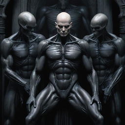 Create a detailed DC comic art piece: a Gothic Giger theme featuring a tall, mature, alien human soldier with a scar-laden body, pale skin, chiseled jaw, athletic physique, and armored pants. He's bald, hairless, and in a Pieta pose, receiving a healing touch on his head from a group of young nobles, all while laughing uncontrollably in joy.