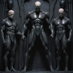 Create a detailed DC comic art piece: a Gothic Giger theme featuring a tall, mature, alien human soldier with a scar-laden body, pale skin, chiseled jaw, athletic physique, and armored pants. He's bald, hairless, and in a Pieta pose, receiving a healing touch on his head from a group of young nobles, all while laughing uncontrollably in joy.