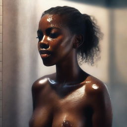 A hyper-realistic digital painting portrays an 18-year-old dark-skinned woman in a shower scene